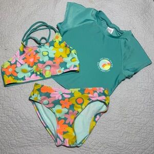 Cat & Jack Teal Floral Girls 3-Piece Swim Set Size M (8)